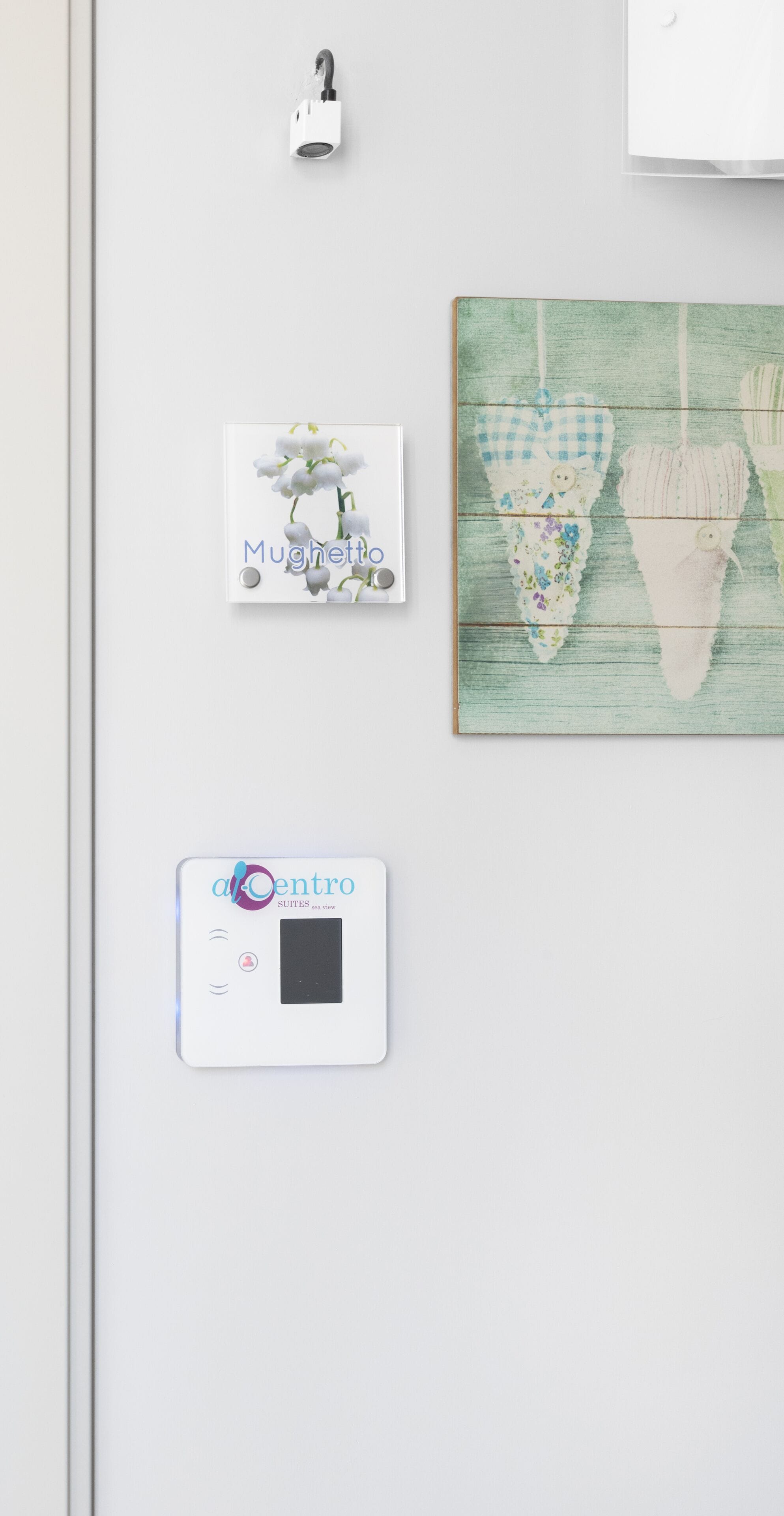 A wall with a lock, a nameplate, a decorative piece, and a thermostat.