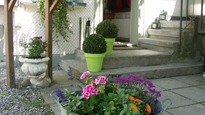 A building entrance with a stone staircase, a green potted plant, and a flower bed with pink and purple flowers.