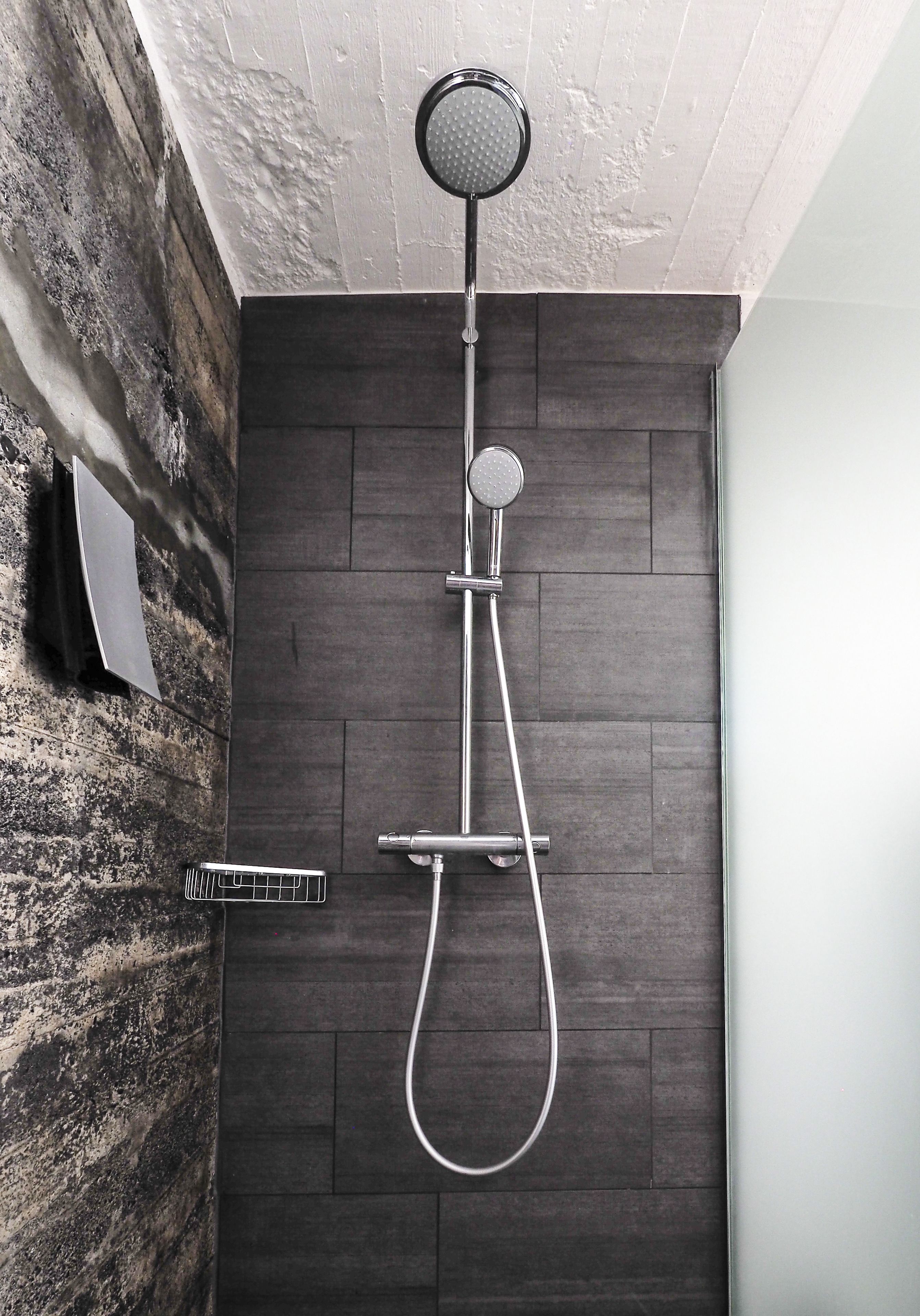 Eine Dusche mit Duschbrause und Handbrause.