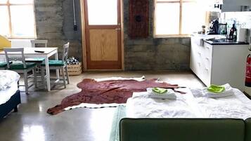 Une pièce comprenant une table à manger, des chaises, un canapé vert, une porte en bois et un coin cuisine avec un évier et des placards.