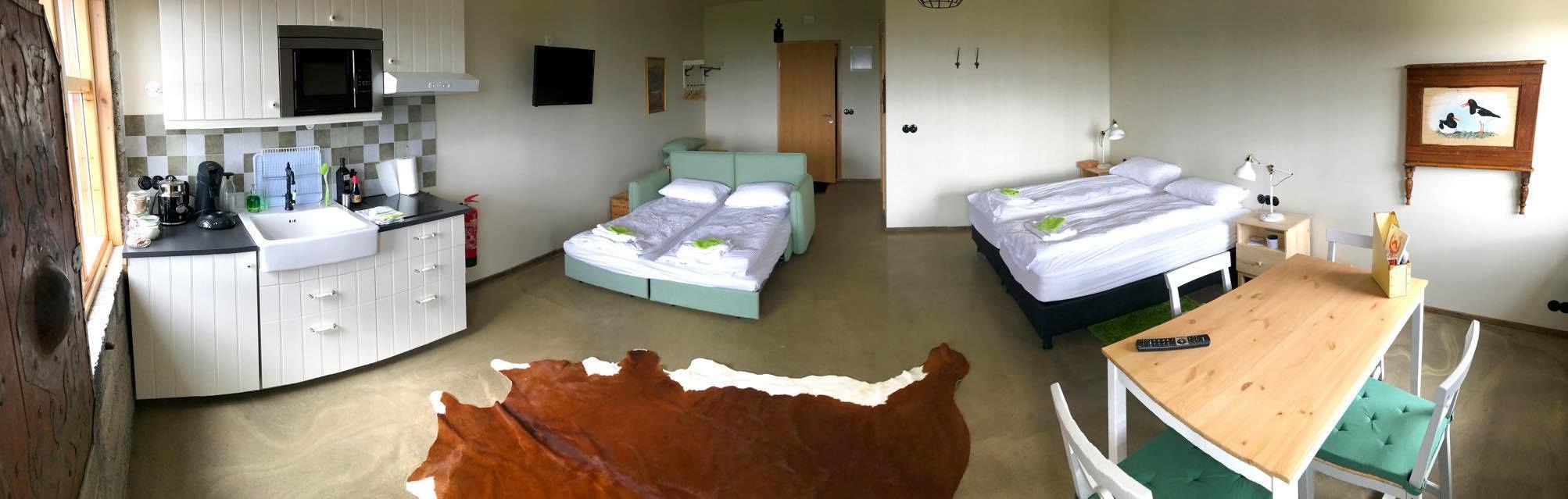 A compact hotel room with a kitchenette, two beds, a dining table, and a large rug.