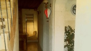Un couloir étroit avec un plancher en bois, un escalier sur la gauche et une plante en pot sur la droite.