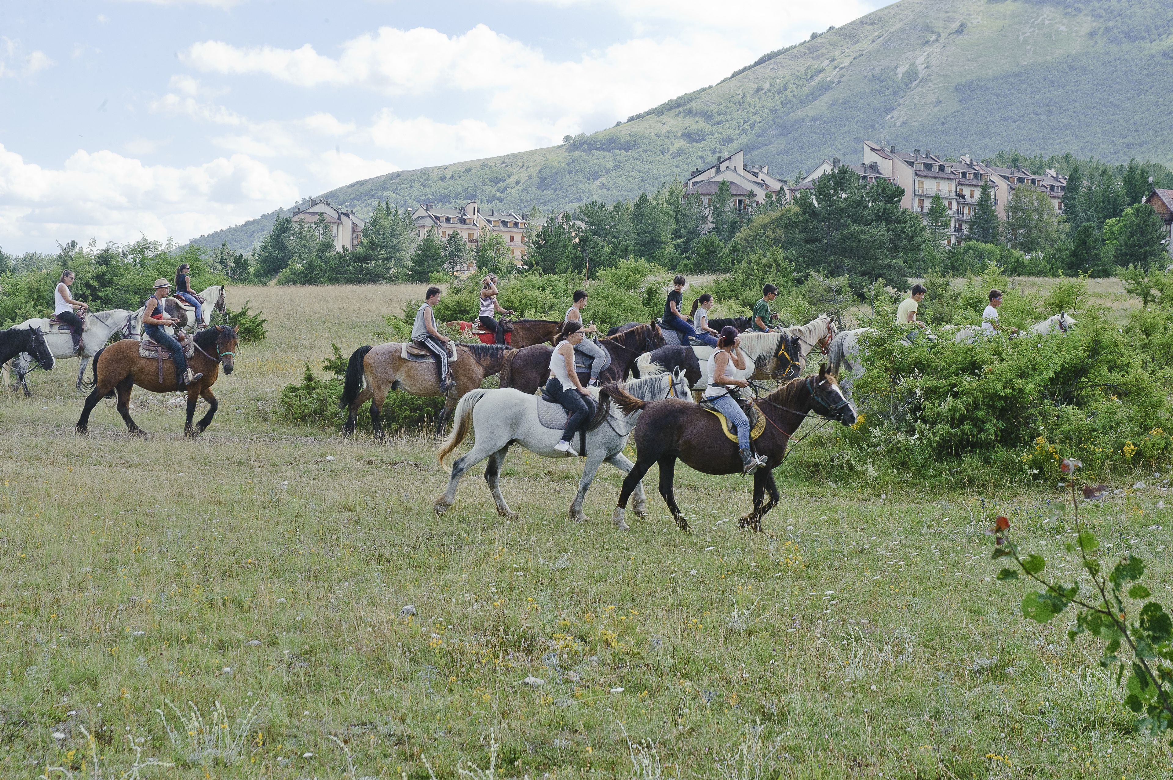 Un groupe de personnes à cheval dans un champ verdoyant, avec des bâtiments en arrière-plan.