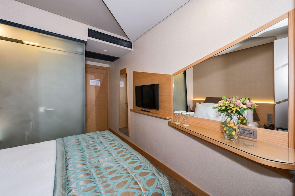 Habitación de hotel con cama, televisión, espejo, mesita de noche con un florero y un equipo de aire acondicionado instalado en la pared.