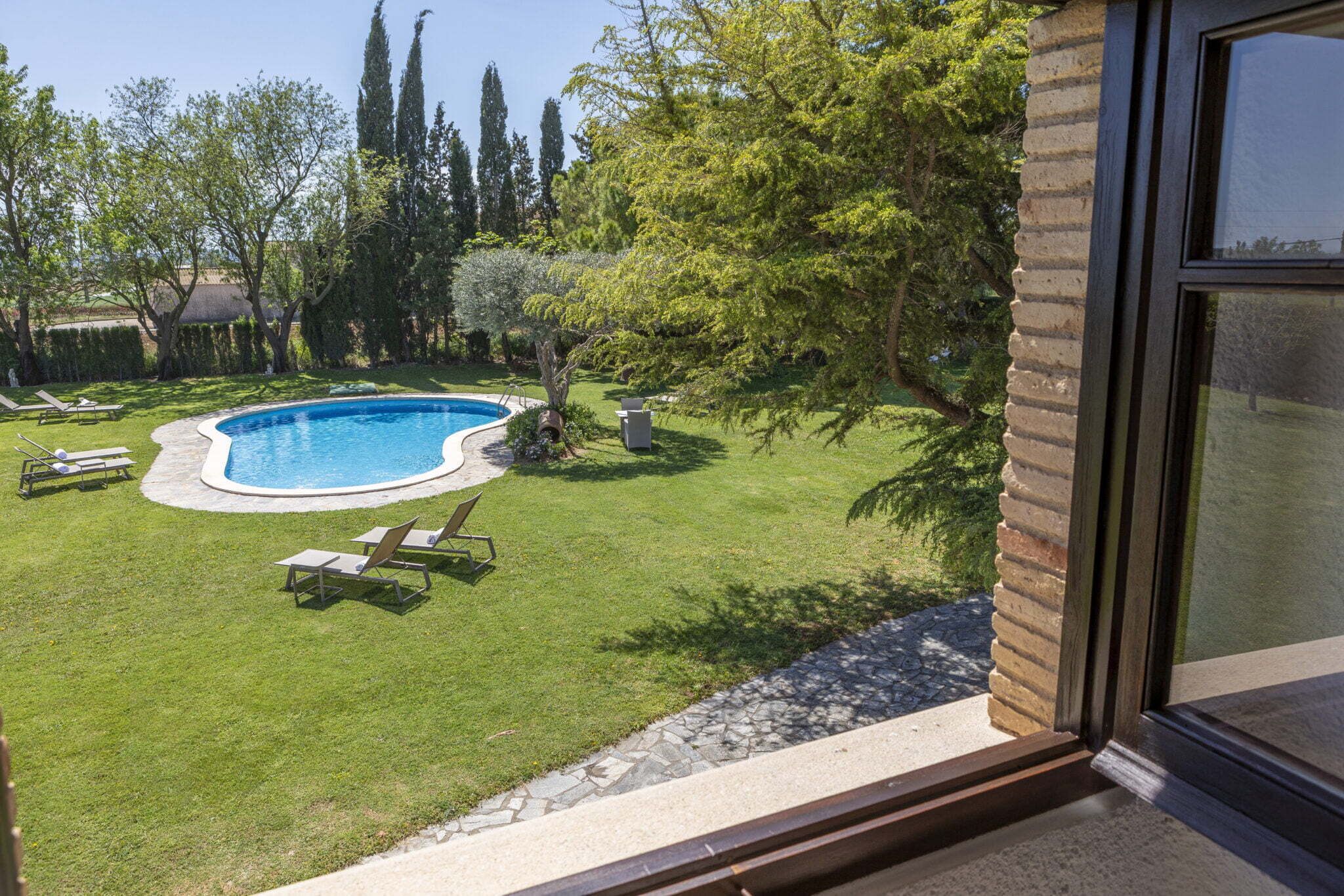 A backyard with a swimming pool, surrounded by a well-maintained lawn and trees.