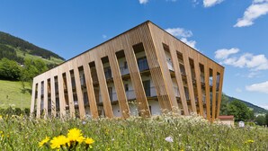 A modern building with a unique wooden facade and multiple balconies, surrounded by a lush green landscape and a clear blue sky. - Apartments Dolomit Royal (Sillian)
