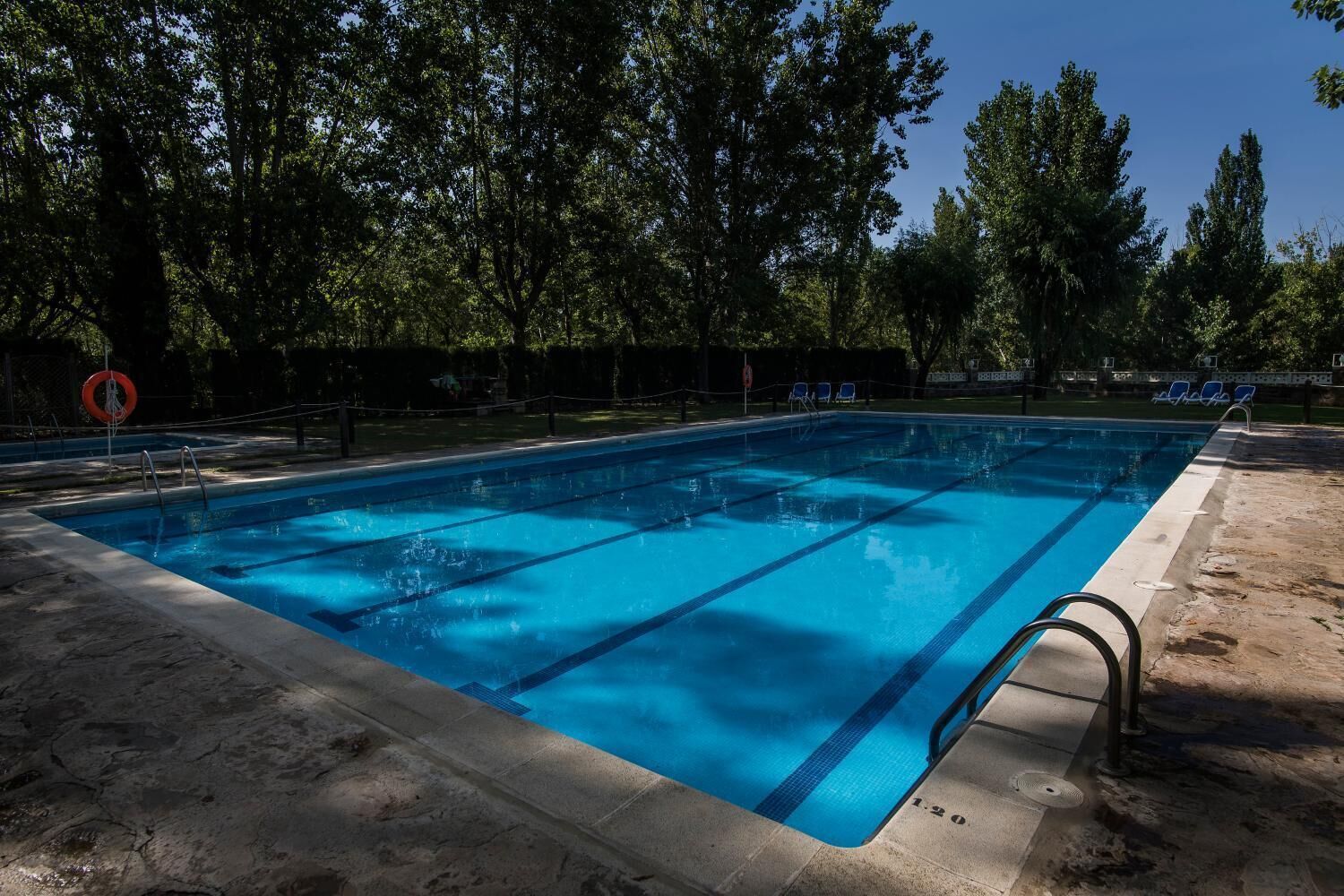 A rectangular swimming pool with clear blue water, surrounded by a concrete deck and trees.