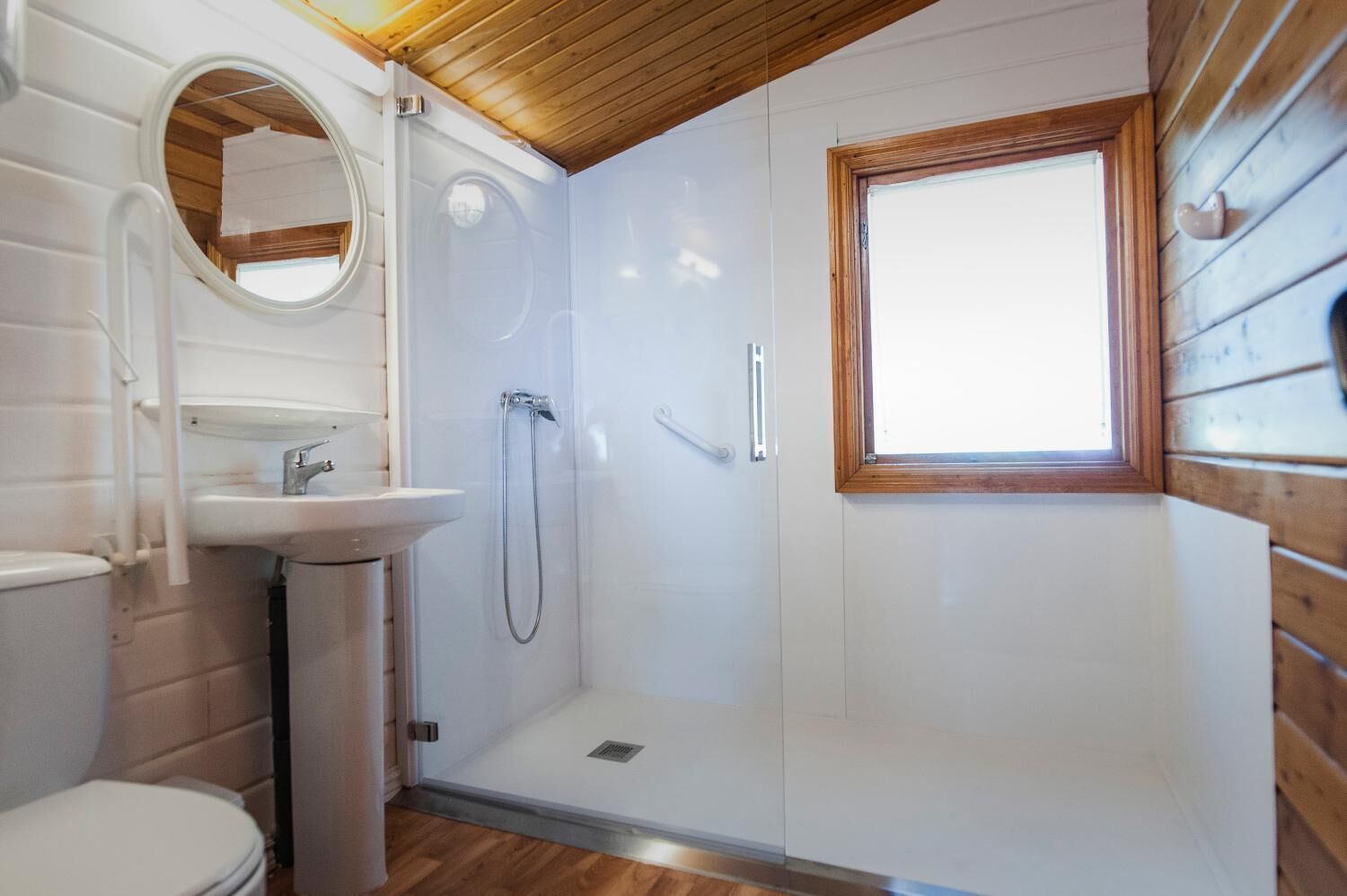 Een kleine badkamer met een wastafel, toilet en douche.