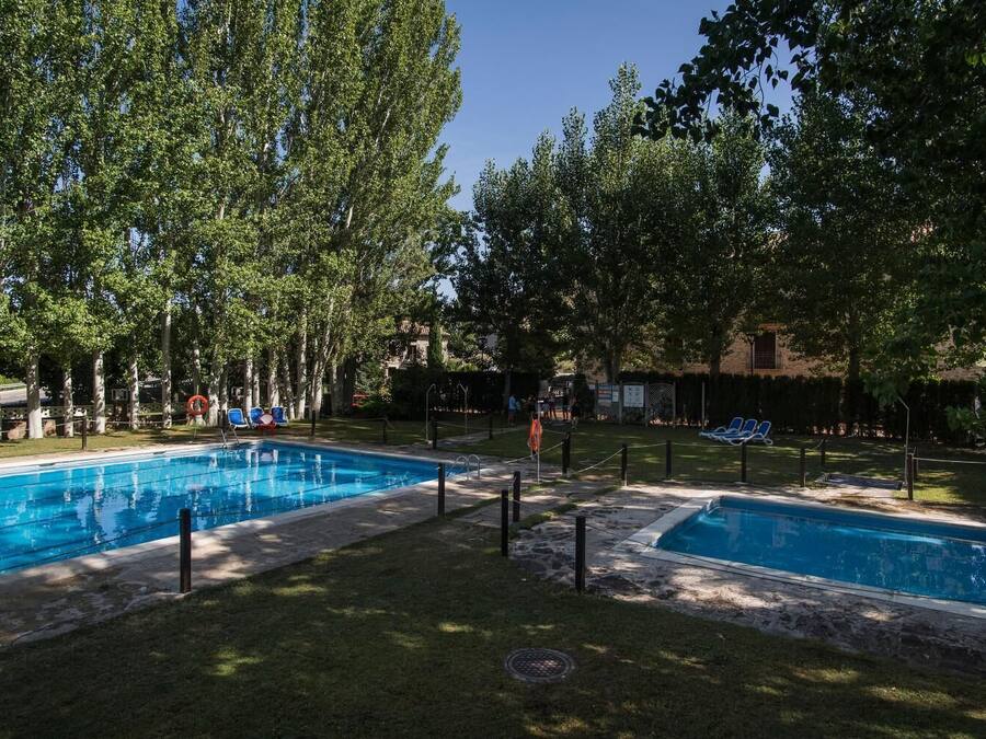 Una piscina con dos zonas separadas, rodeada de árboles y césped.