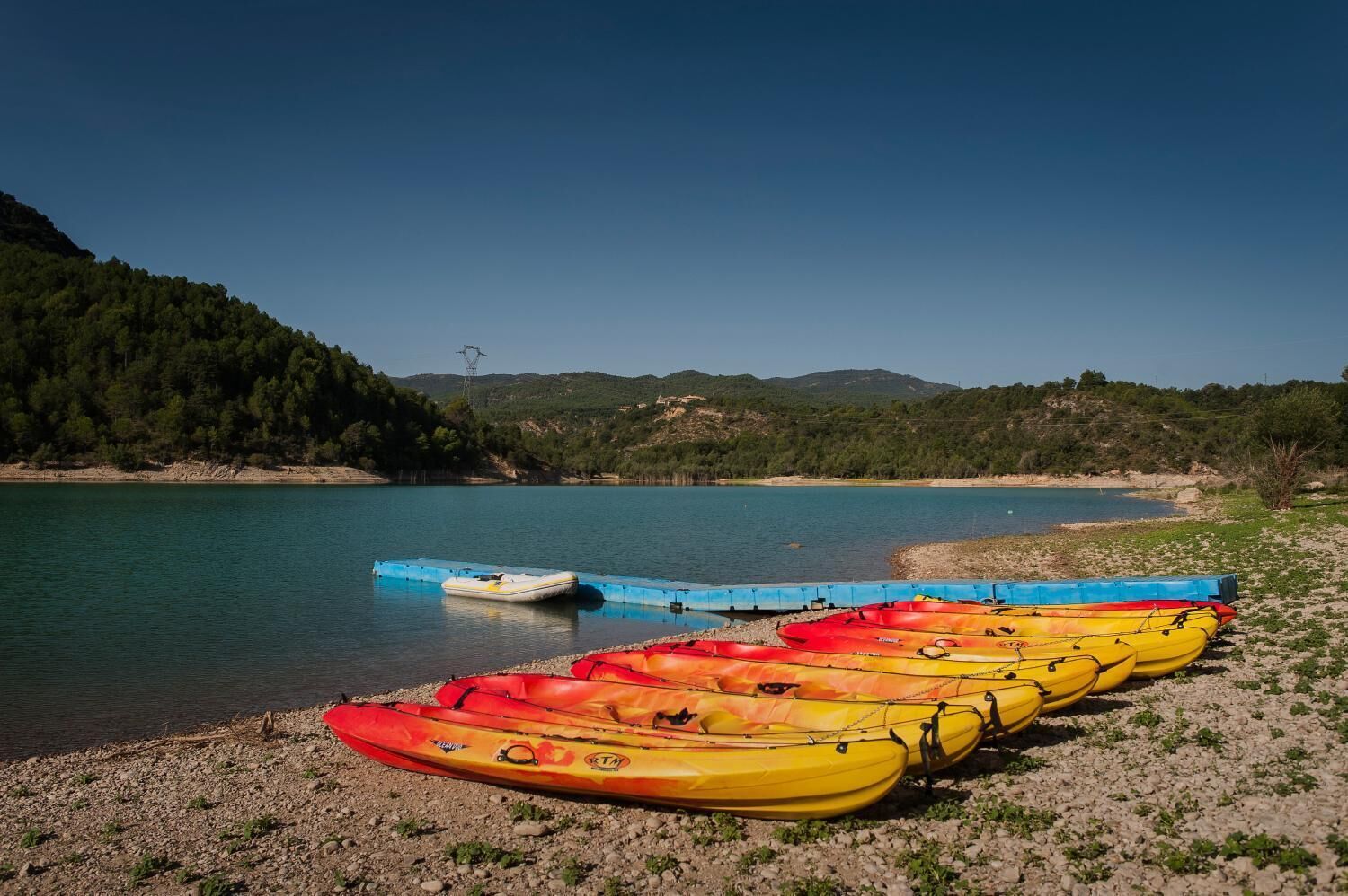 A row of colorful kayaks lined up on a pebbly shore by a calm lake, with a forested hillside in the background.
