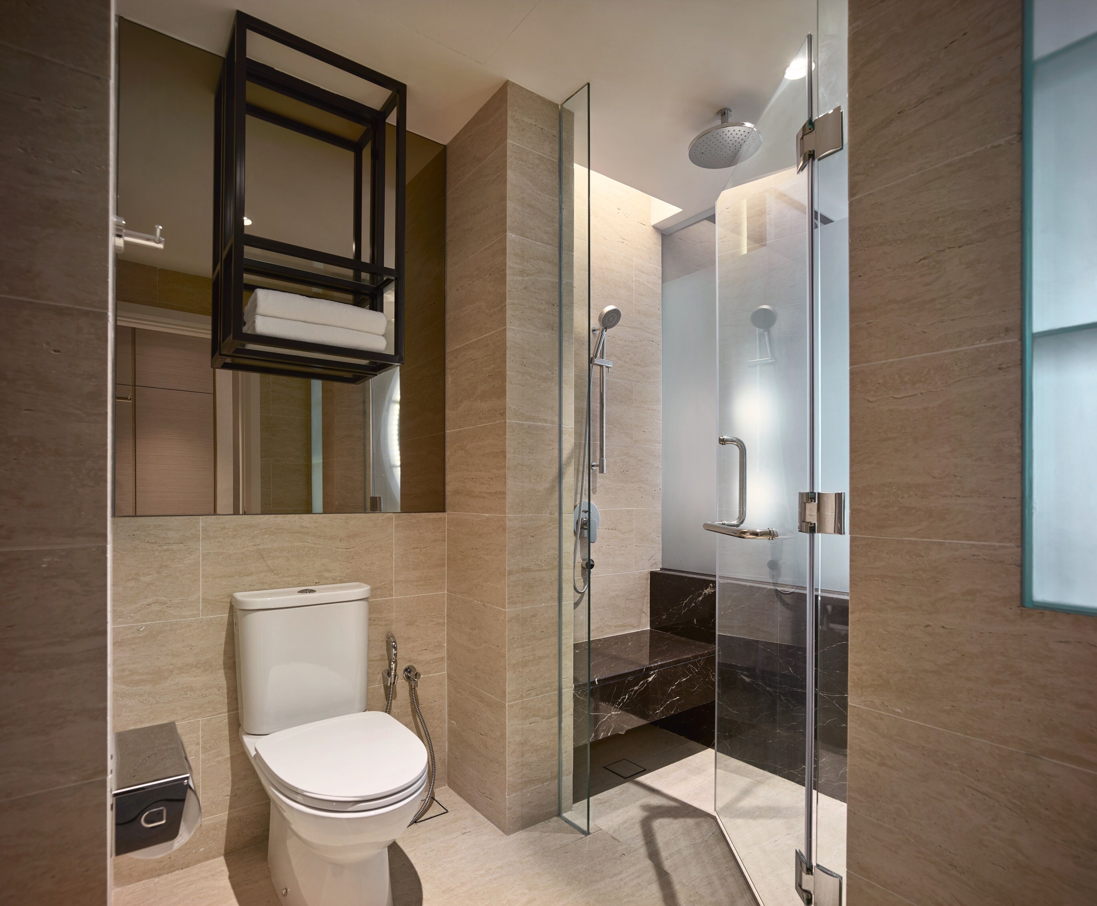 designer toiletries, hair dryer, bathrobes, slippers