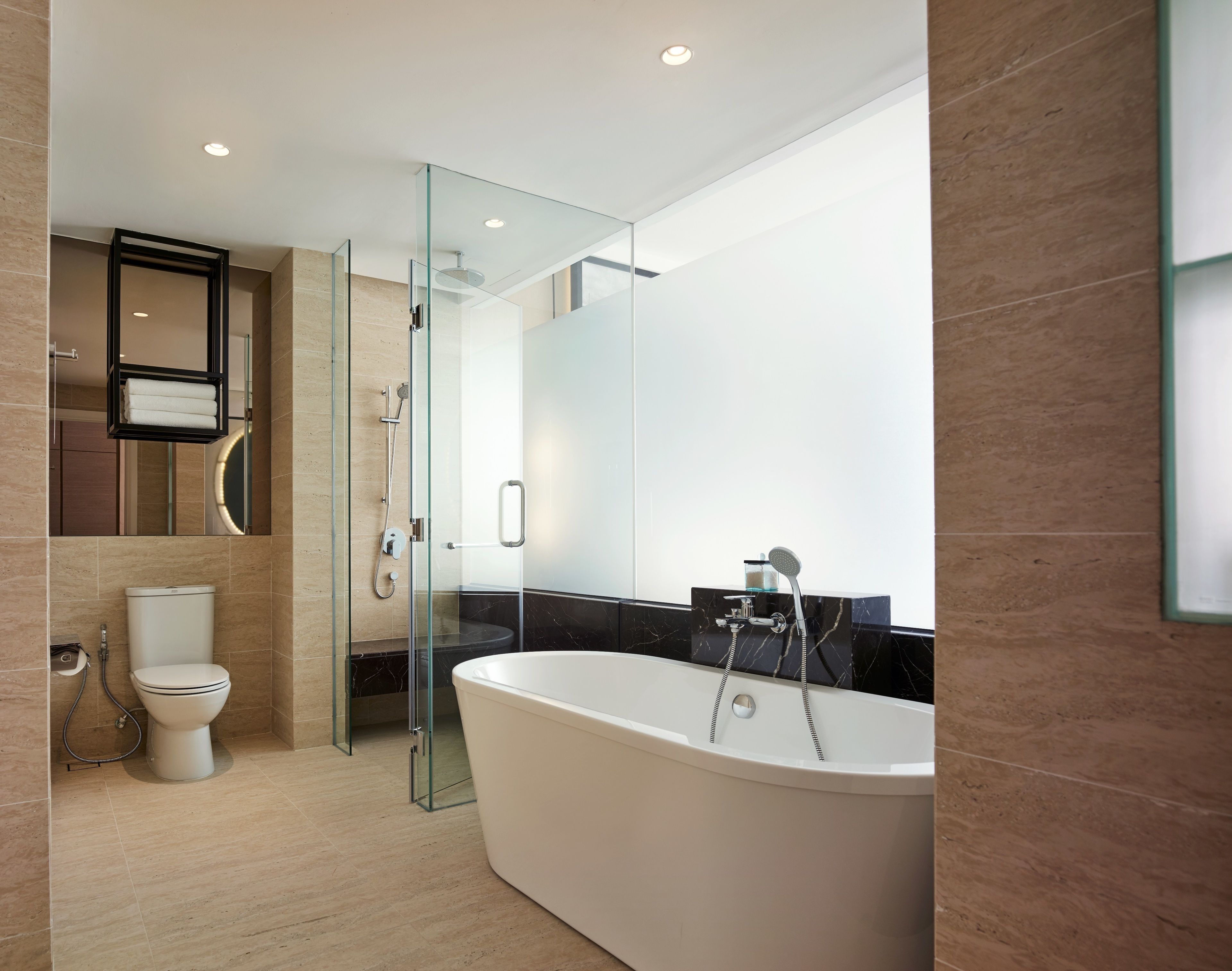 designer toiletries, hair dryer, bathrobes, slippers