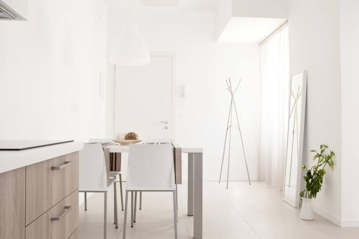 A modern, minimalist kitchen with white cabinetry, a dining table, and chairs. There is a plant on the right side and a coat rack in the background.