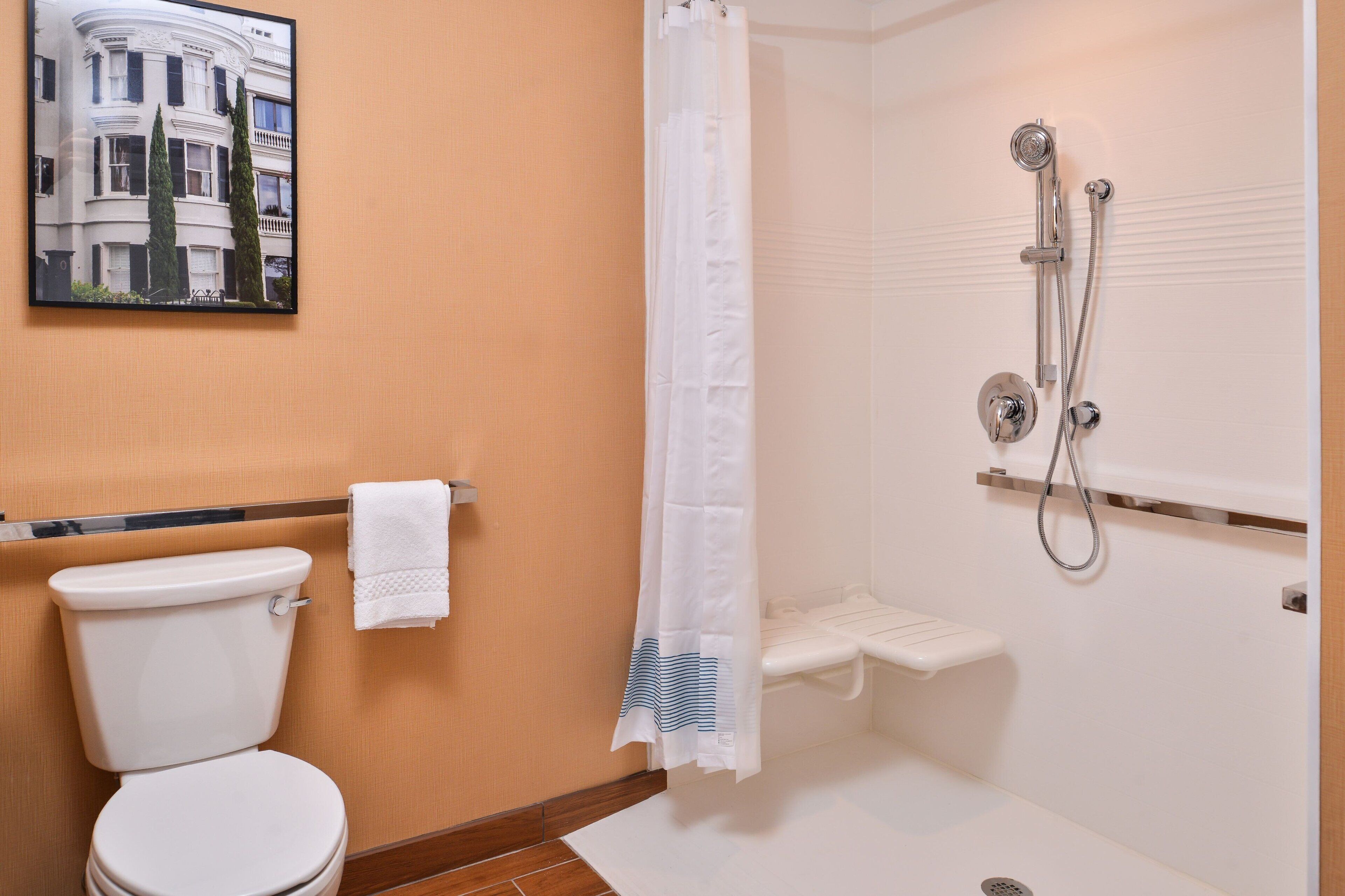 A bathroom with a toilet, a shower with a handheld showerhead, and a towel rack.