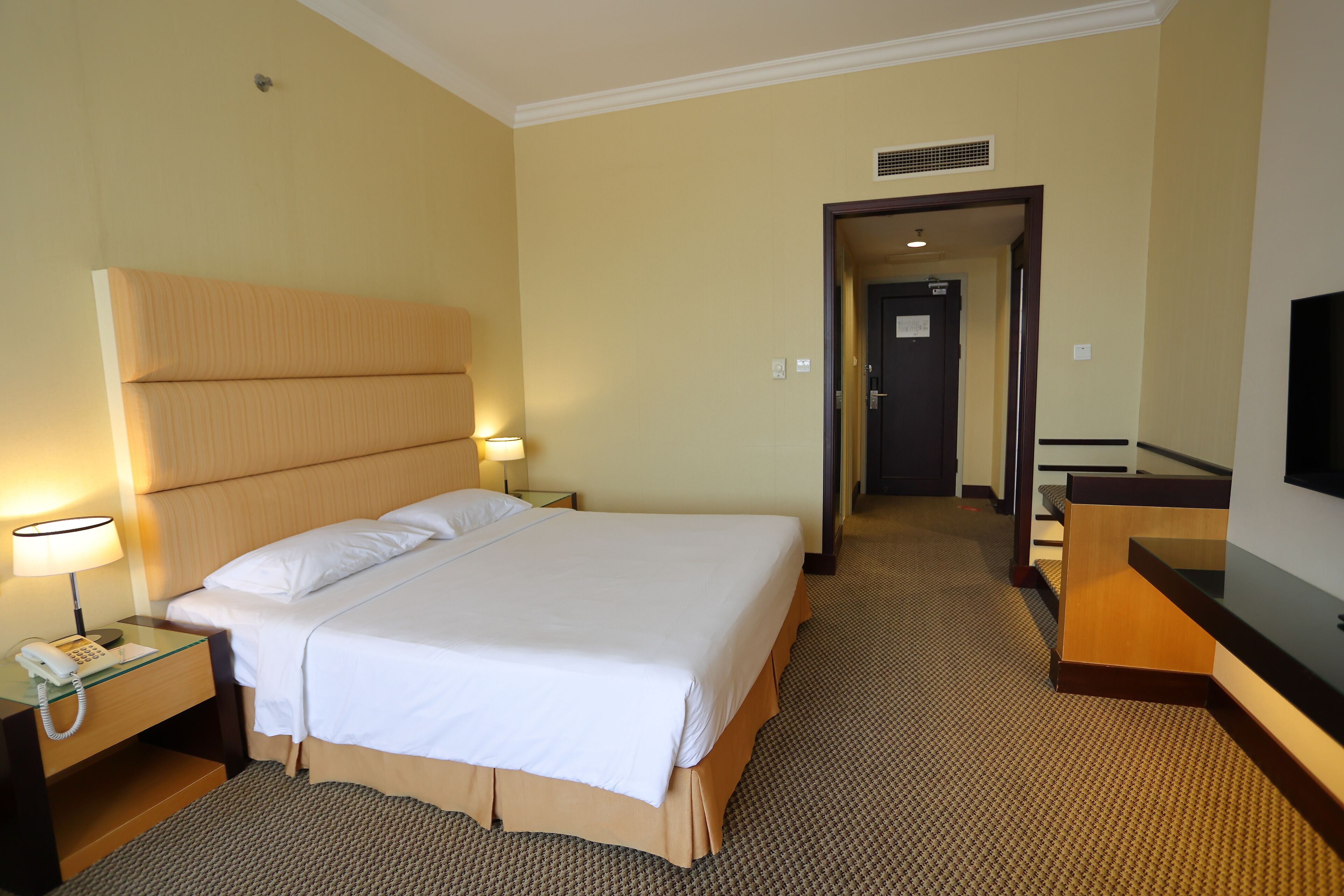 A hotel room with a large bed, bedside tables, a TV, and a carpeted floor.