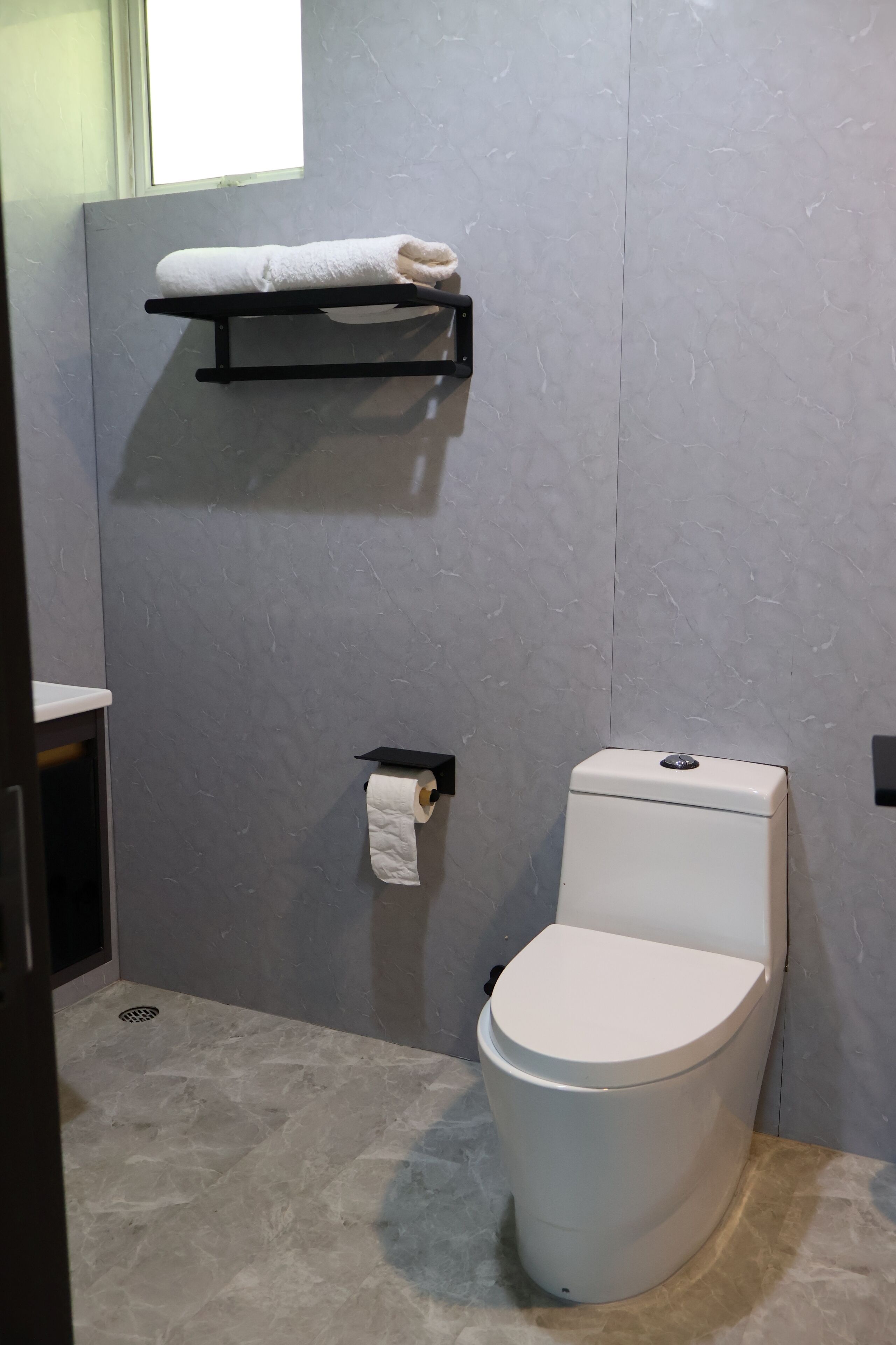 A bathroom with a white toilet, a towel rack, and a toilet paper holder on the wall.