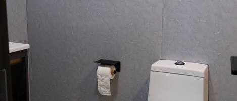 A bathroom with a white toilet, a towel rack, and a toilet paper holder on the wall.