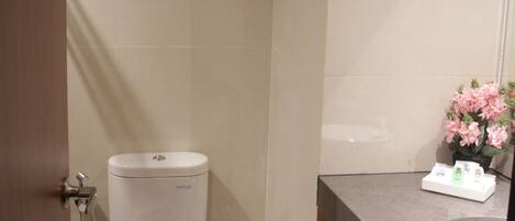A bathroom with a toilet, a sink, and a mirror.