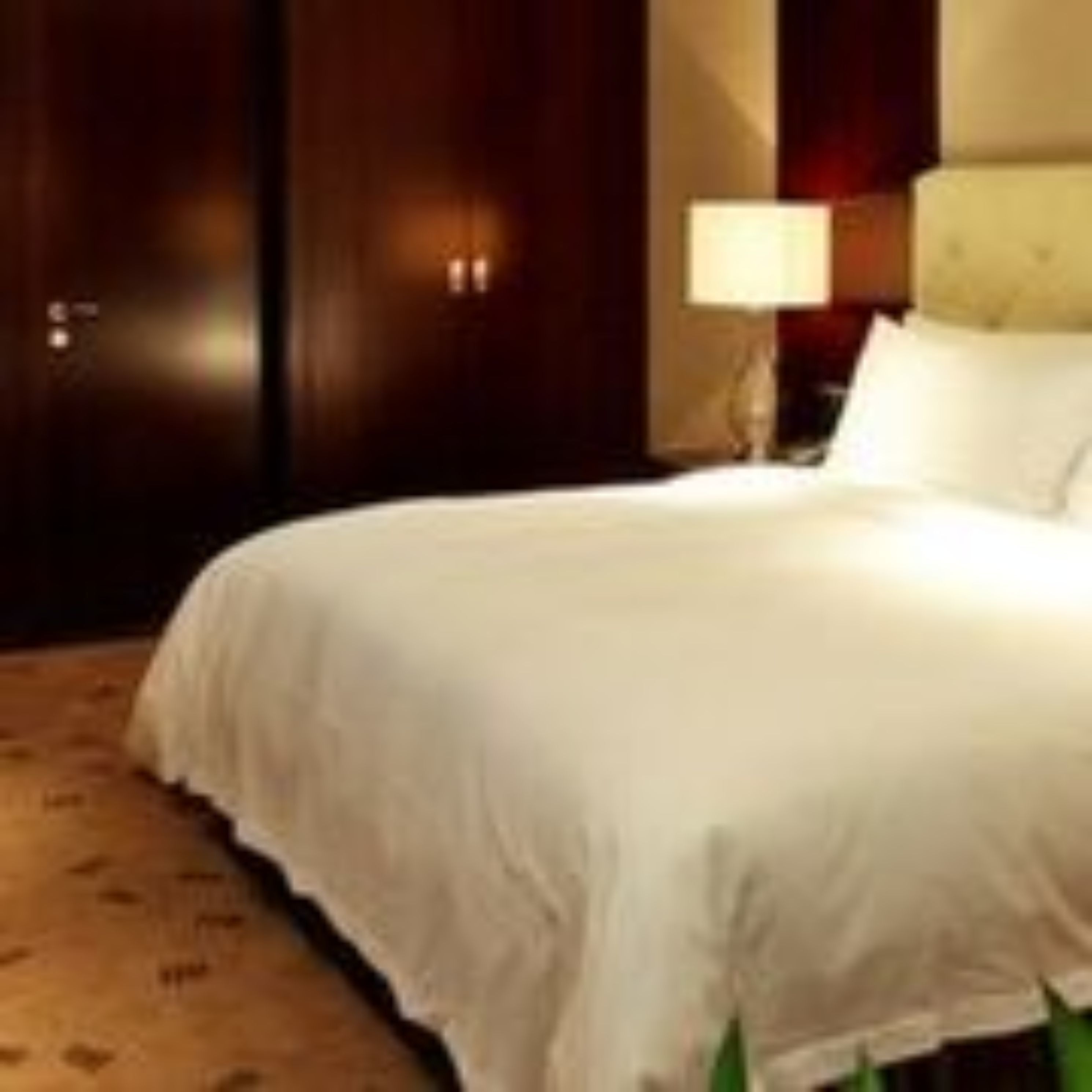 A hotel room with a large bed, a nightstand, and a lamp.