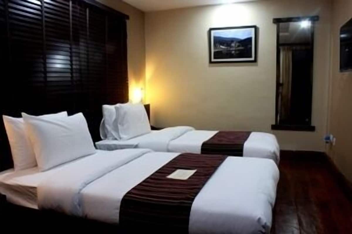 A hotel room with two beds, a nightstand, a wall-mounted lamp, and a framed picture.