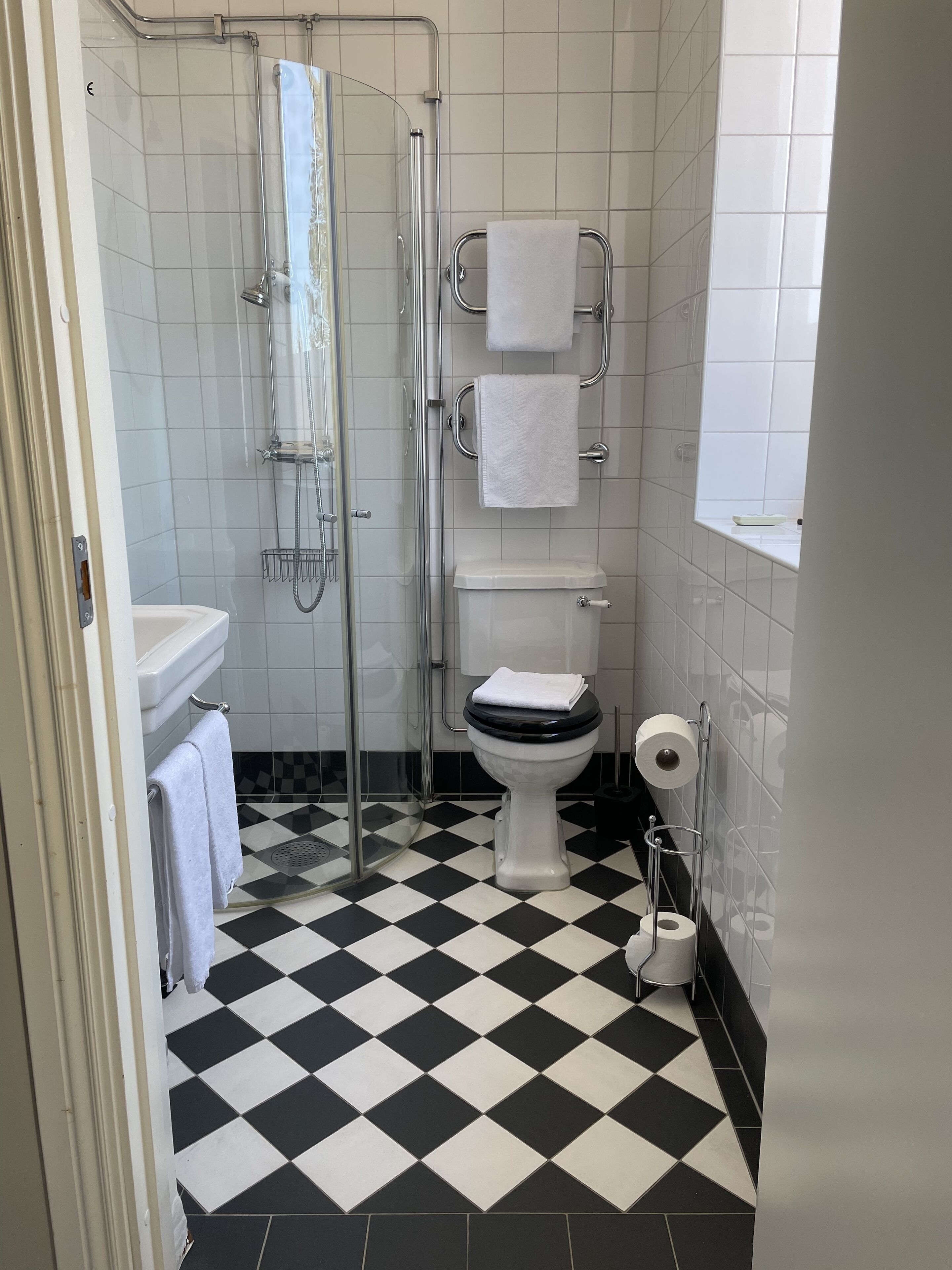 A bathroom with a black and white checkered floor, a white toilet, a glass shower enclosure, and a white sink.