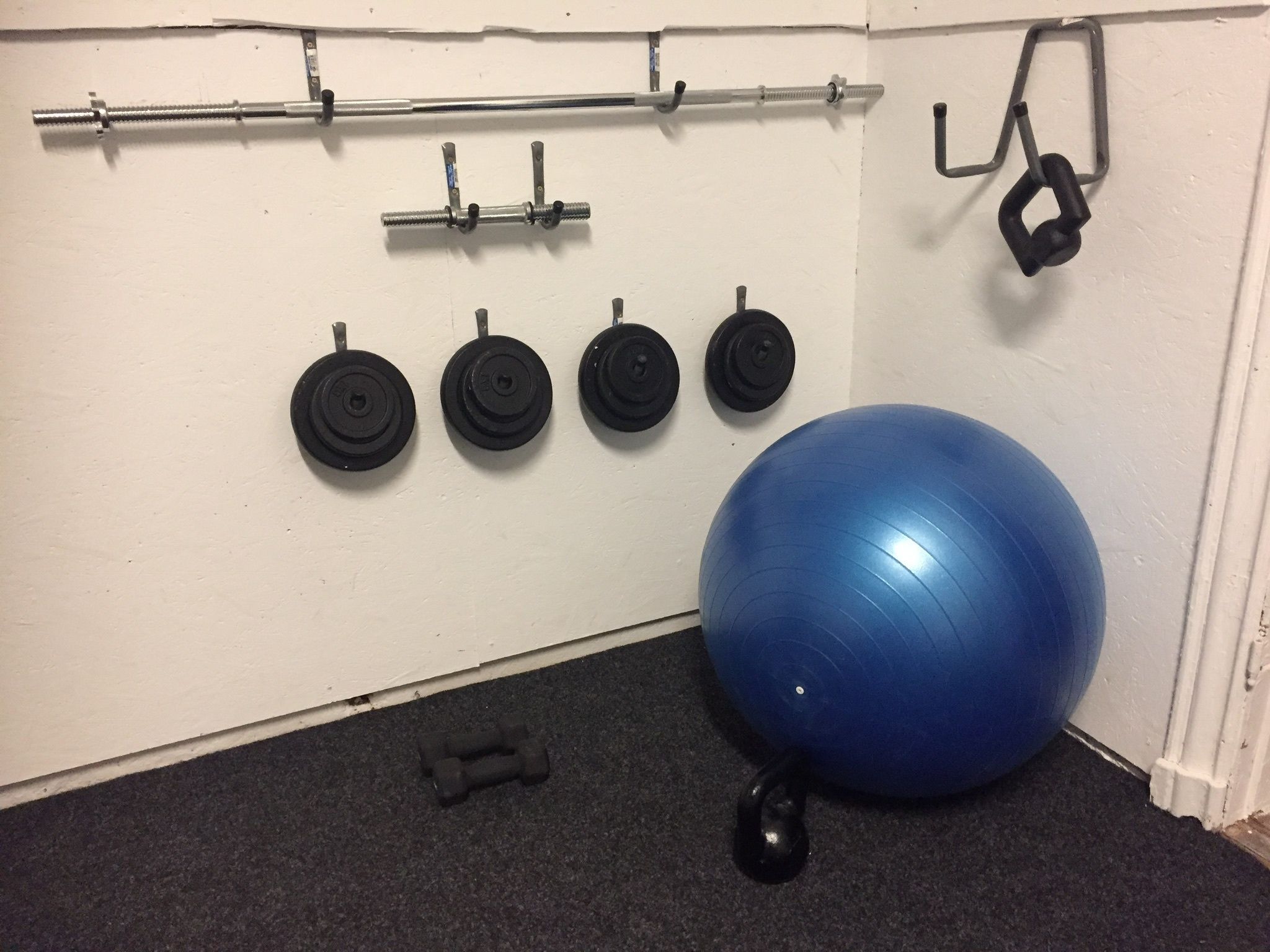 A gym with a pull-up bar, weight plates, a blue exercise ball, and dumbbells.