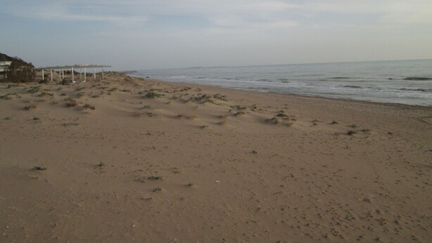 A beach with a sandy shore and a structure in the background. - B&B Elisir (Gela)