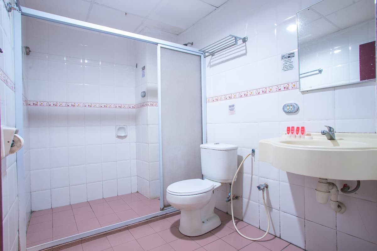 Shower, rainfall showerhead, free toiletries, bidet