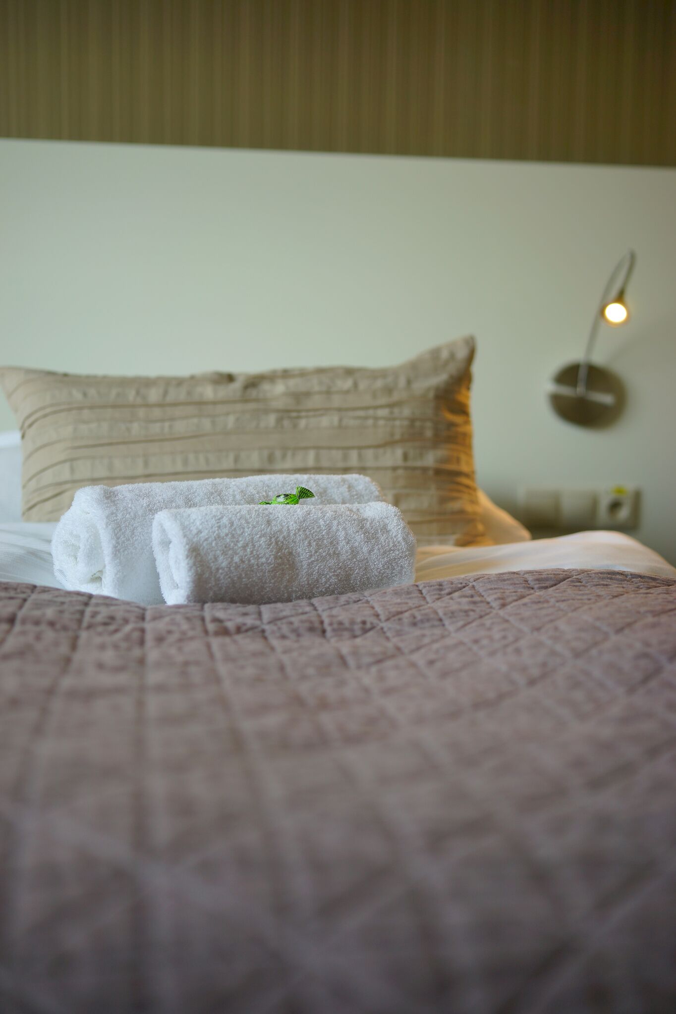 Una cama bien hecha con toallas blancas enrolladas y una decoración de hoja verde, un cojín beige, y una lámpara fijada a la pared.