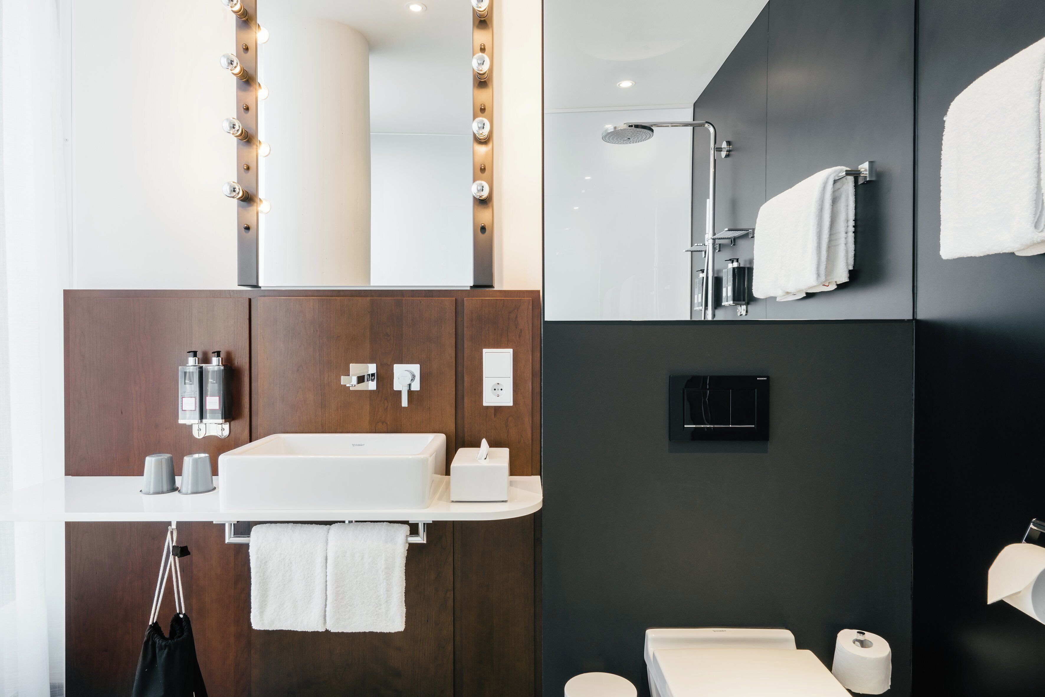 shower, rainfall showerhead, designer toiletries, hair dryer