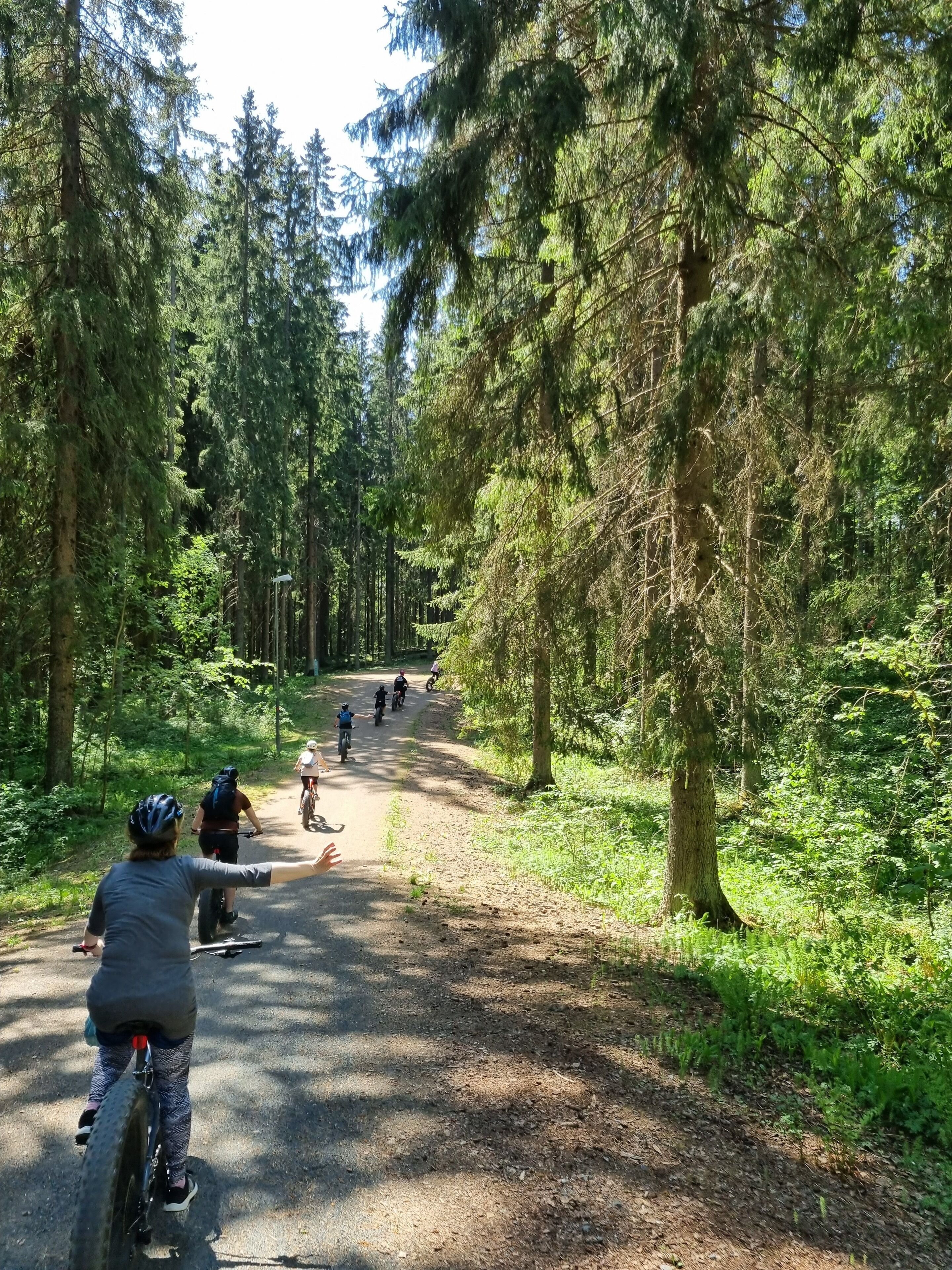 Un sendero arbolado con ciclistas y un camino de tierra.