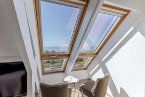 A room with skylights, a flat-screen TV, and two chairs.