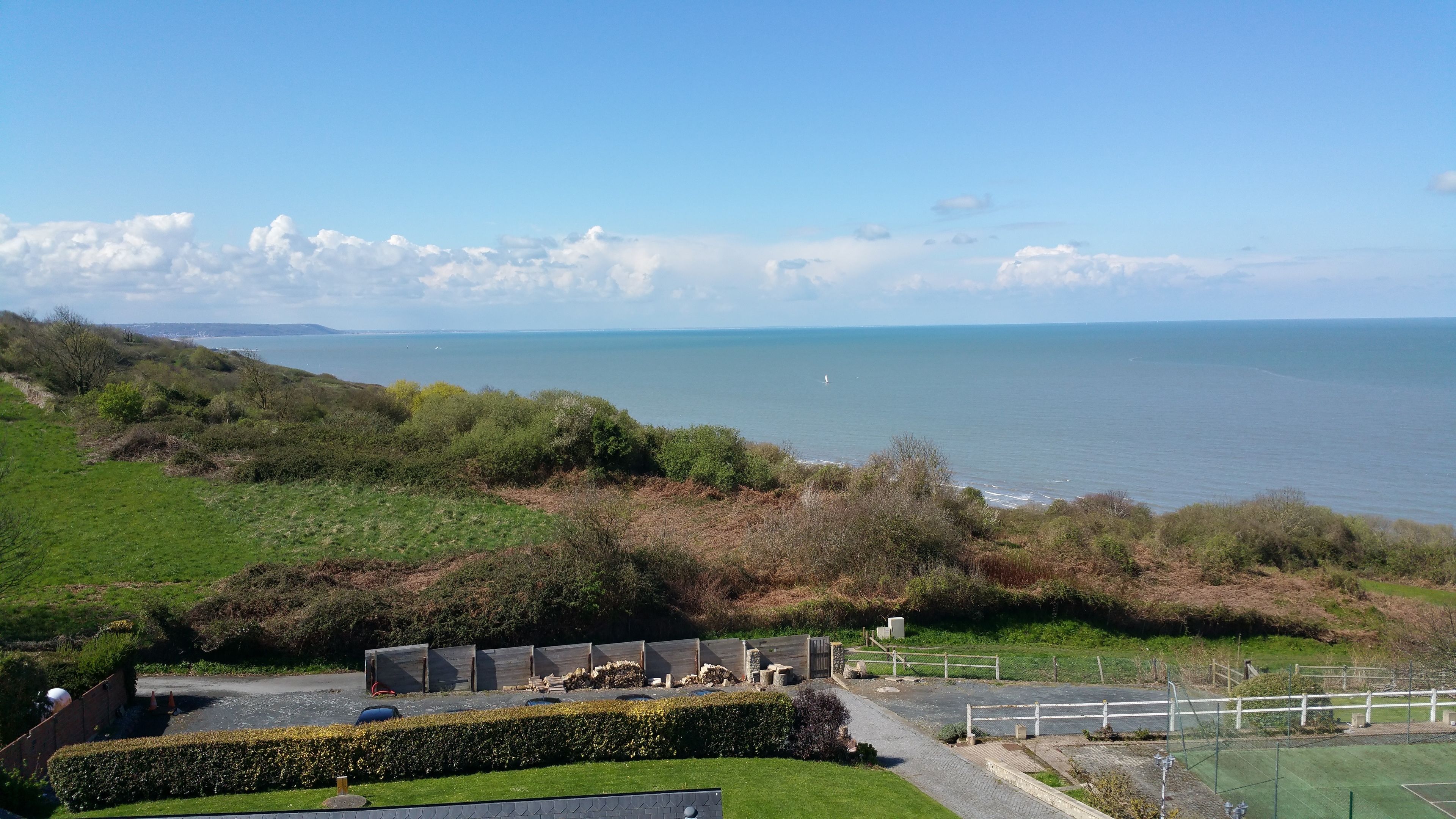 A coastal view with a grassy area, a paved path, and a wooden fence.