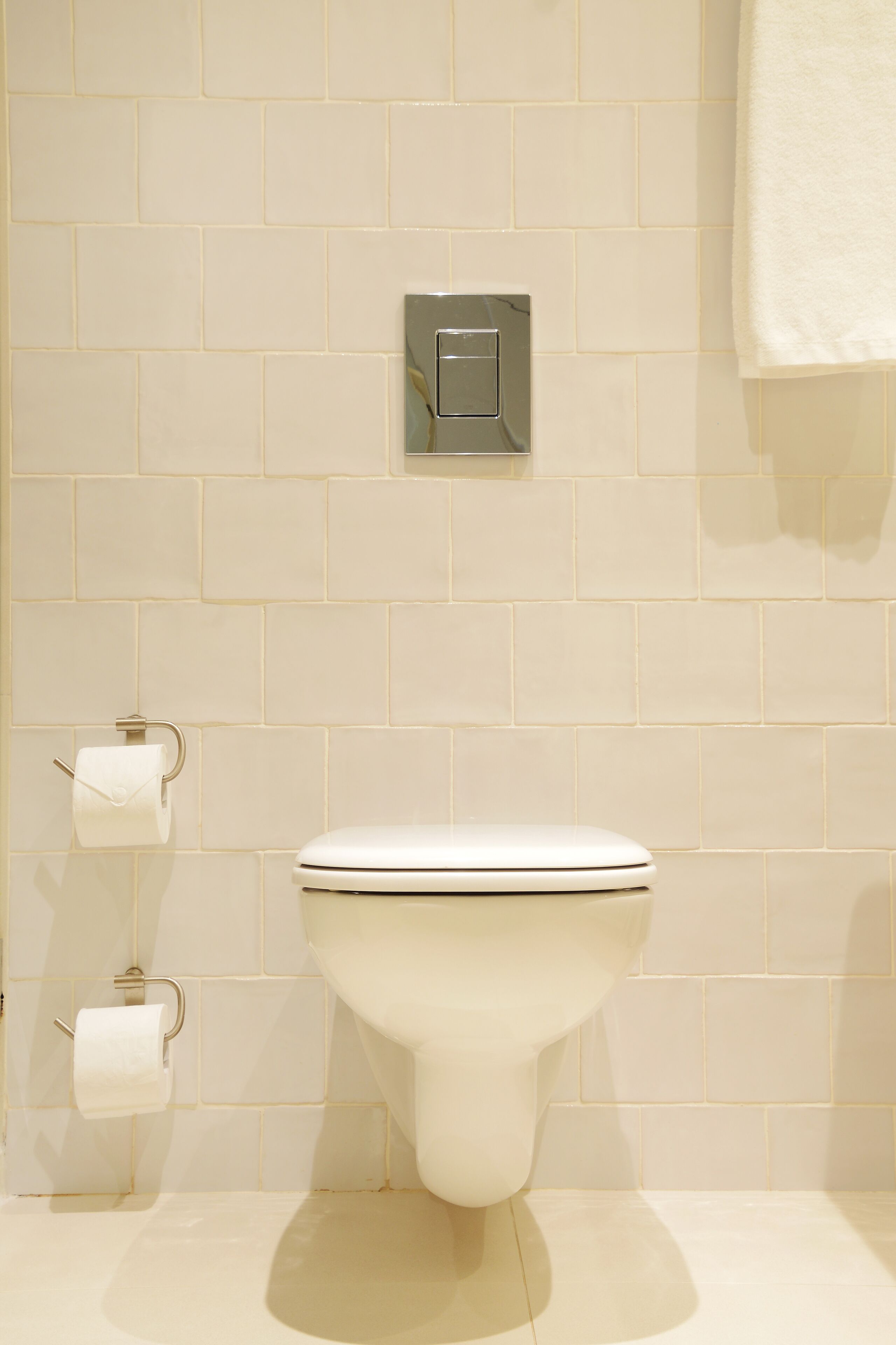 Et badeværelse med toilet, to toiletpapirruller og et håndklæde hængende på væggen.