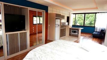 A modern bedroom with a large bed, a television, a kitchen area, and a view of greenery outside.