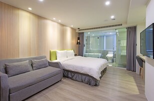 A modern hotel room with a bed, a sofa, a TV, and a glass shower area.