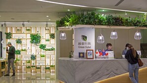 A reception area with a green-themed decor, including a plant wall and a reception desk with a sign reading "Green Hotel".