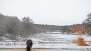 En person i en simbassäng med ett snötäckt landskap i bakgrunden.