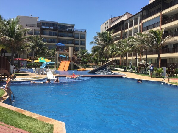 Outdoor pool, pool umbrellas, pool loungers