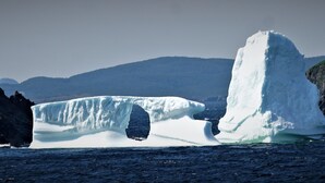 An iceberg in a body of water with rocky cliffs in the background. - White On Wood (Crow Head)
