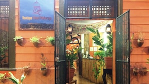 Ein Eingang zu einem Boutique-Hotel mit einladender Atmosphäre und verschiedenen Kübelpflanzen.