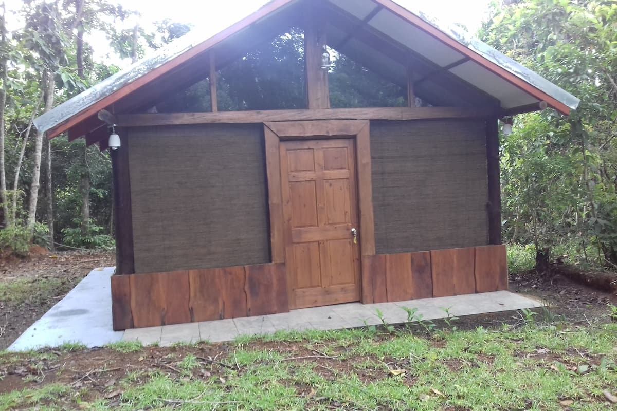 Eine kleine Holzhütte mit Tür und Metalldach, umgeben von Bäumen.