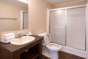 Combined shower/tub, free toiletries, towels