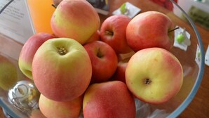 A glass bowl containing several apples. - The Apple Inn (Batlow)