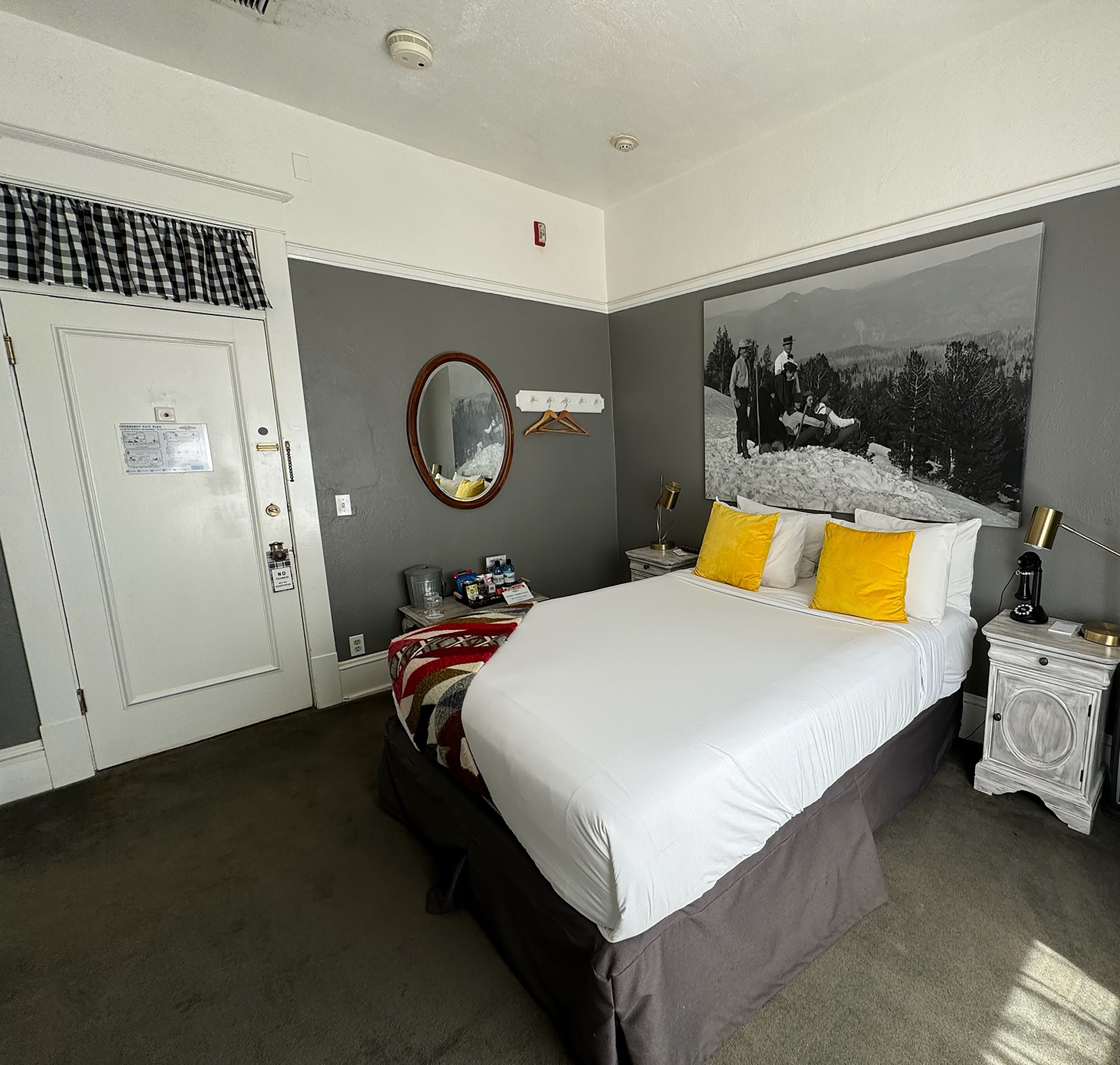 Habitación de hotel con una cama grande, un tocador, un espejo, un perchero, una mesita de noche con una lámpara y un cuadro en la pared.