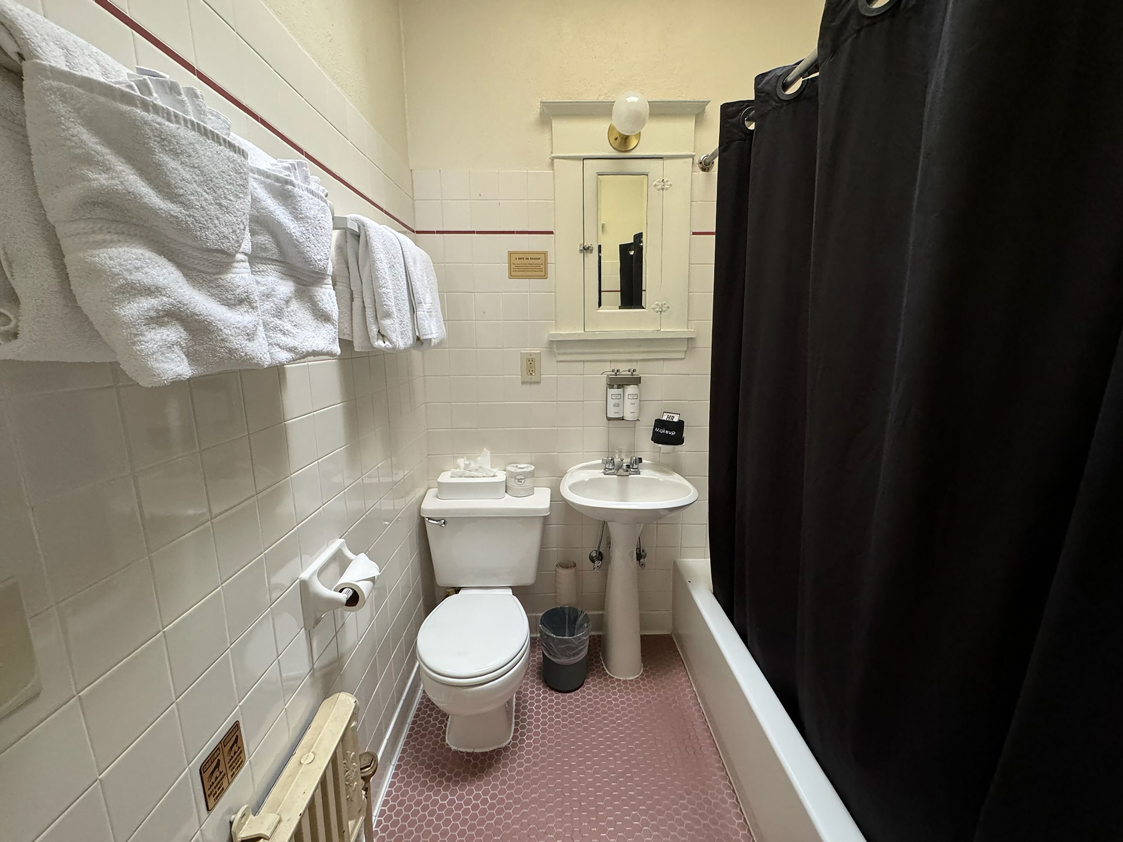combined shower/bathtub, free toiletries, hair dryer, towels