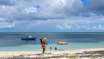 Una playa con un bote, una mujer en traje de baño y una sombrilla.