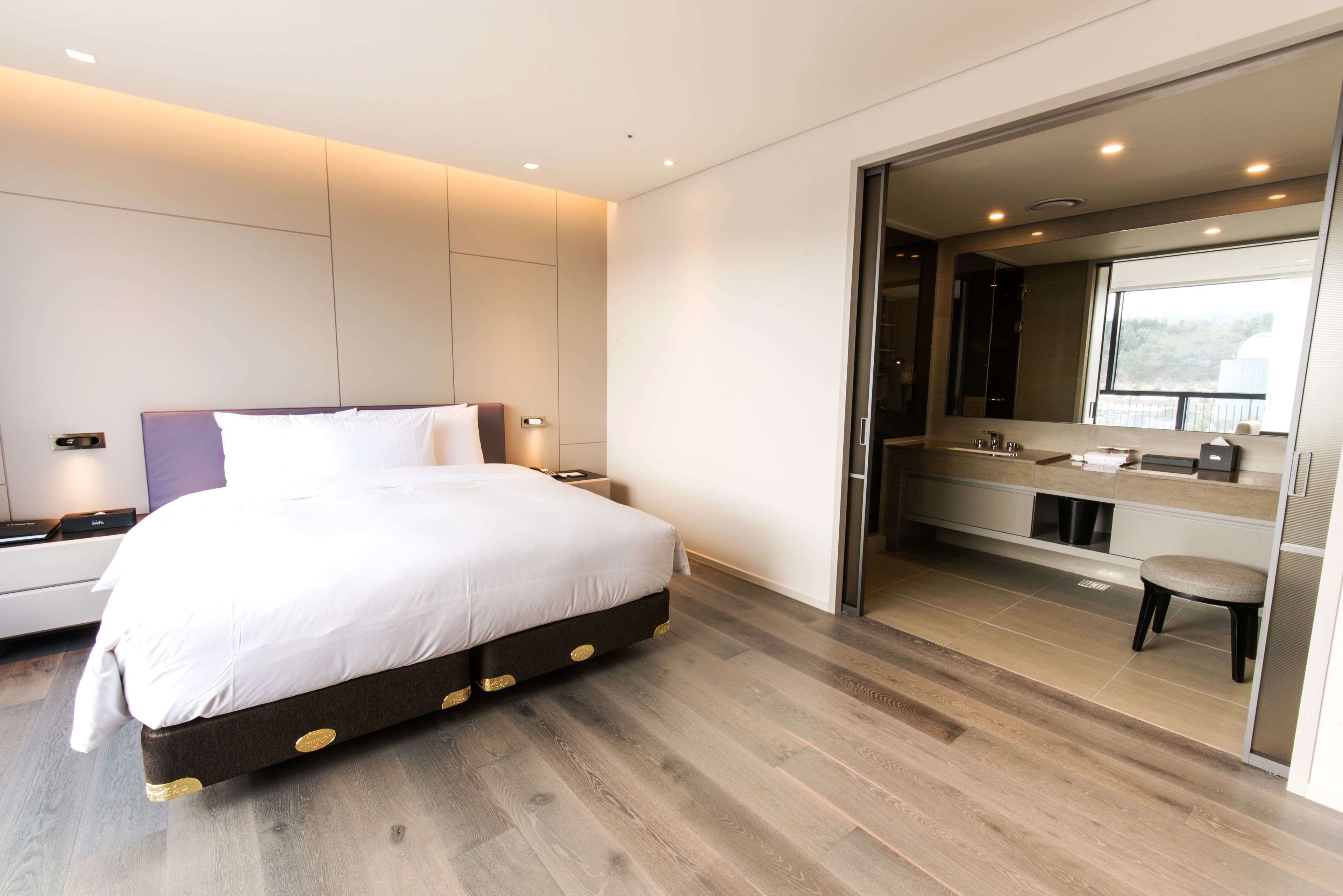 A modern bedroom with a large bed, a walk-in closet, and a bathroom with a large mirror.