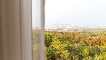 A view through a window with a curtain, featuring a forested area and a distant cityscape.