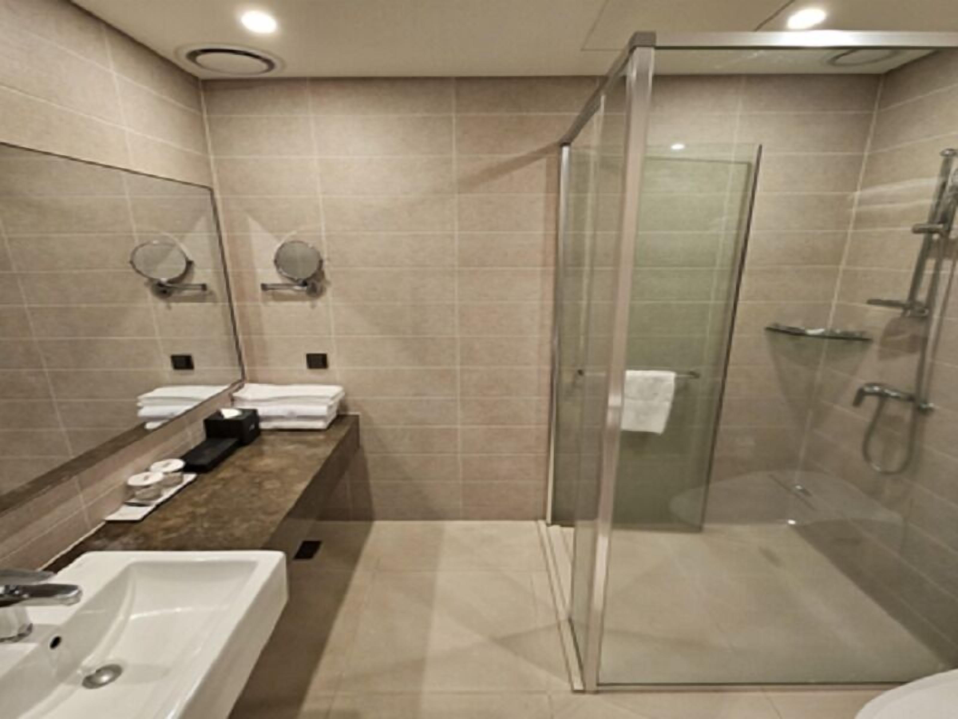 A modern bathroom with a glass-enclosed shower, a sink, and two mirrors.
